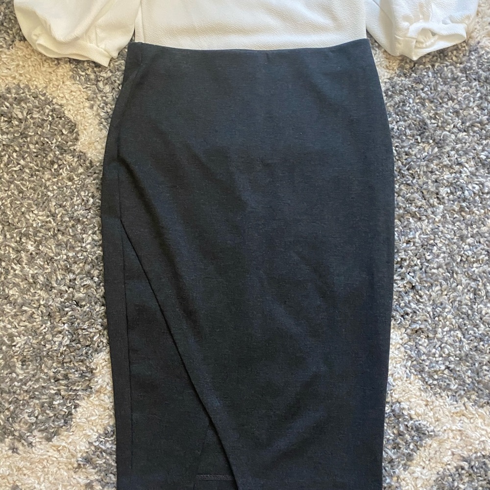 Fitted Gray Midi Skirt with Front Flap Details